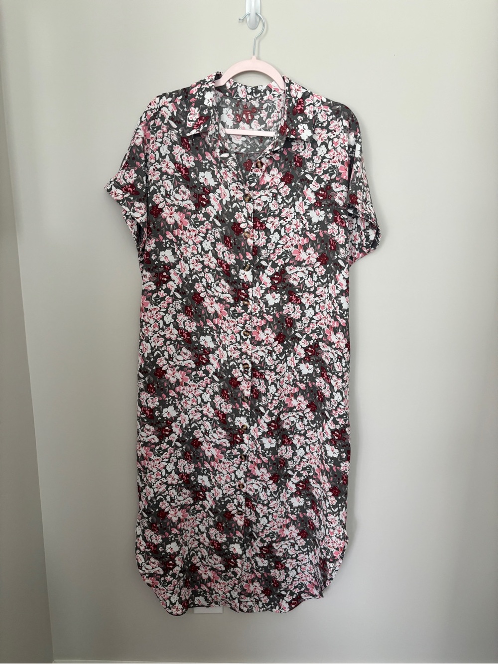 Floral Button-Front Shirt Dress - NWOT -Pink Floral -Size M - PTP 23” Length 49”
